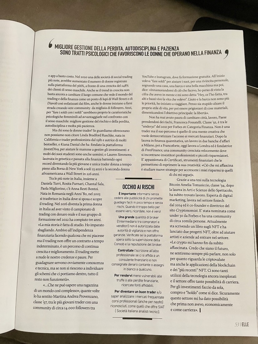 Pagina della rivista Elle con l'inchiesta Fascino Trading che cita Francesca Fossatelli