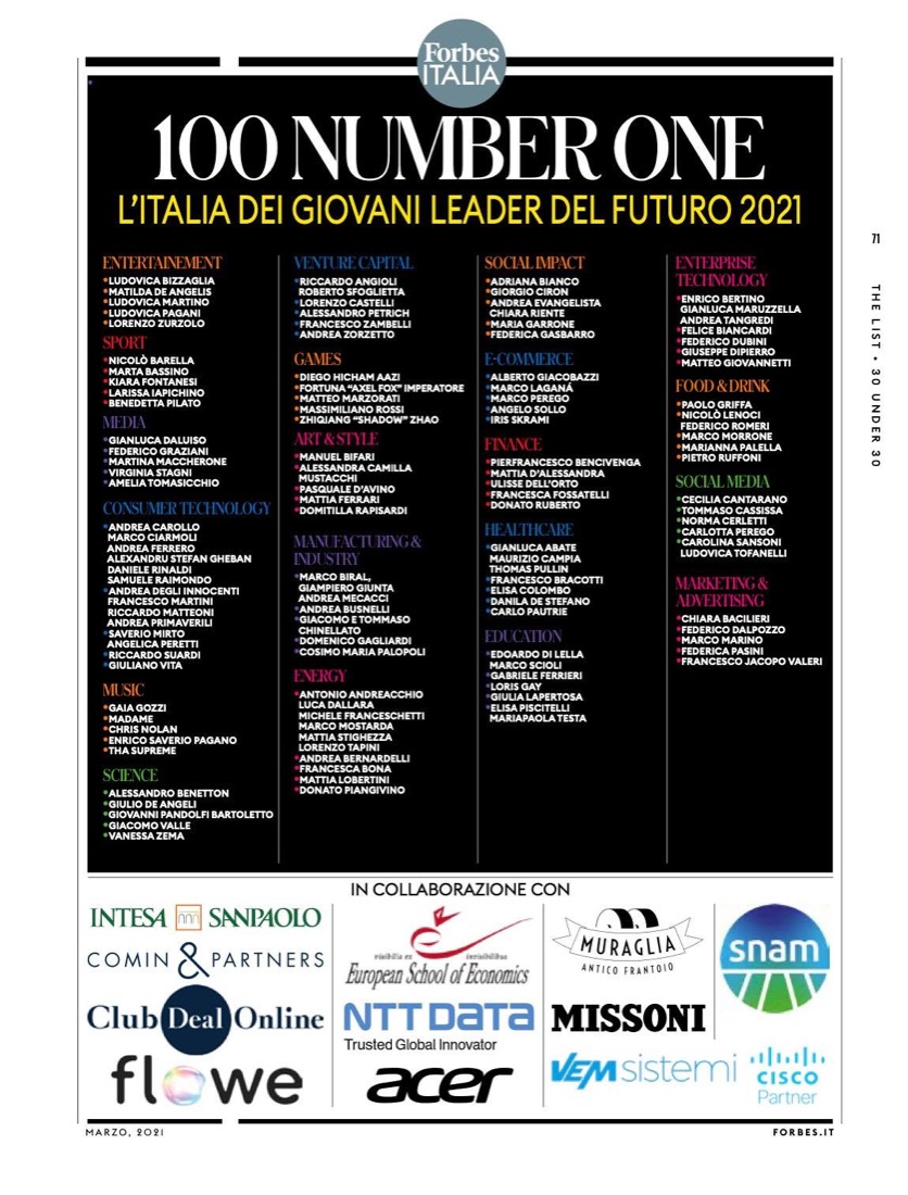 La lista Forbes Italia 100 Number One, l'Italia dei giovani leader del futuro 2021