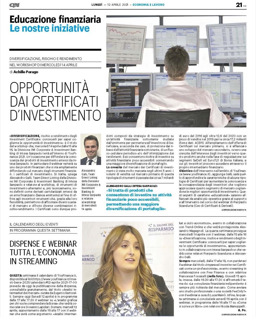 Pagina di QN Quotidiano Nazionale dedicata all'educazione finanziaria con la foto di Francesca Fossatelli